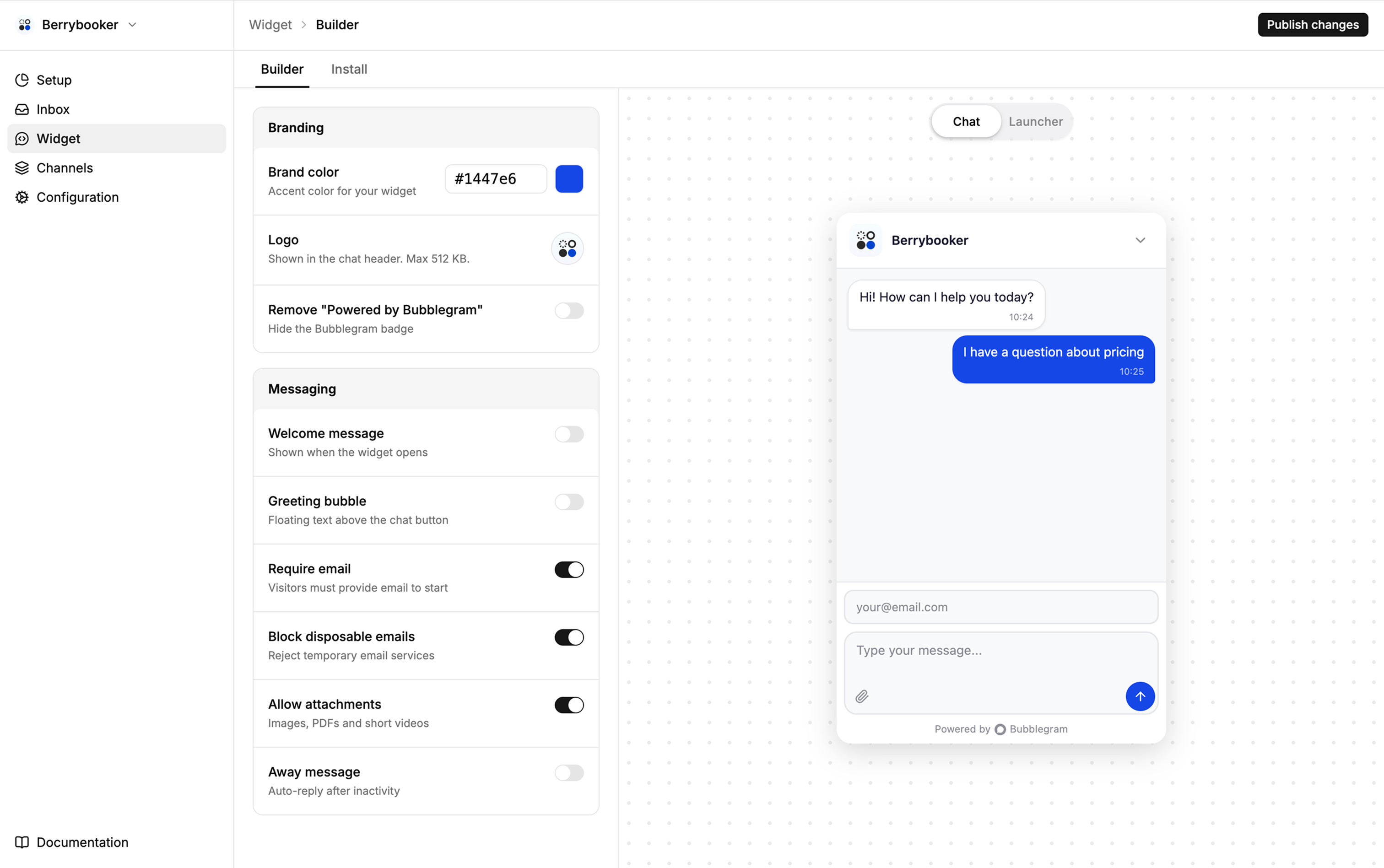 Project Builder showing widget customization options alongside a live preview
