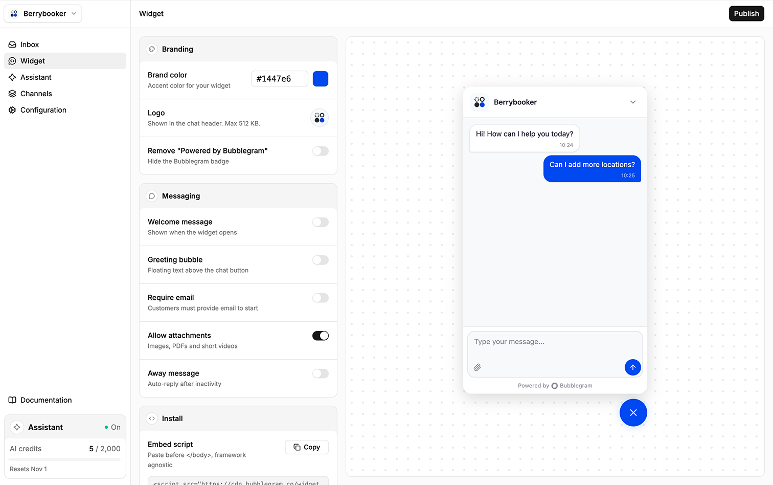 Widget customization options alongside a live preview