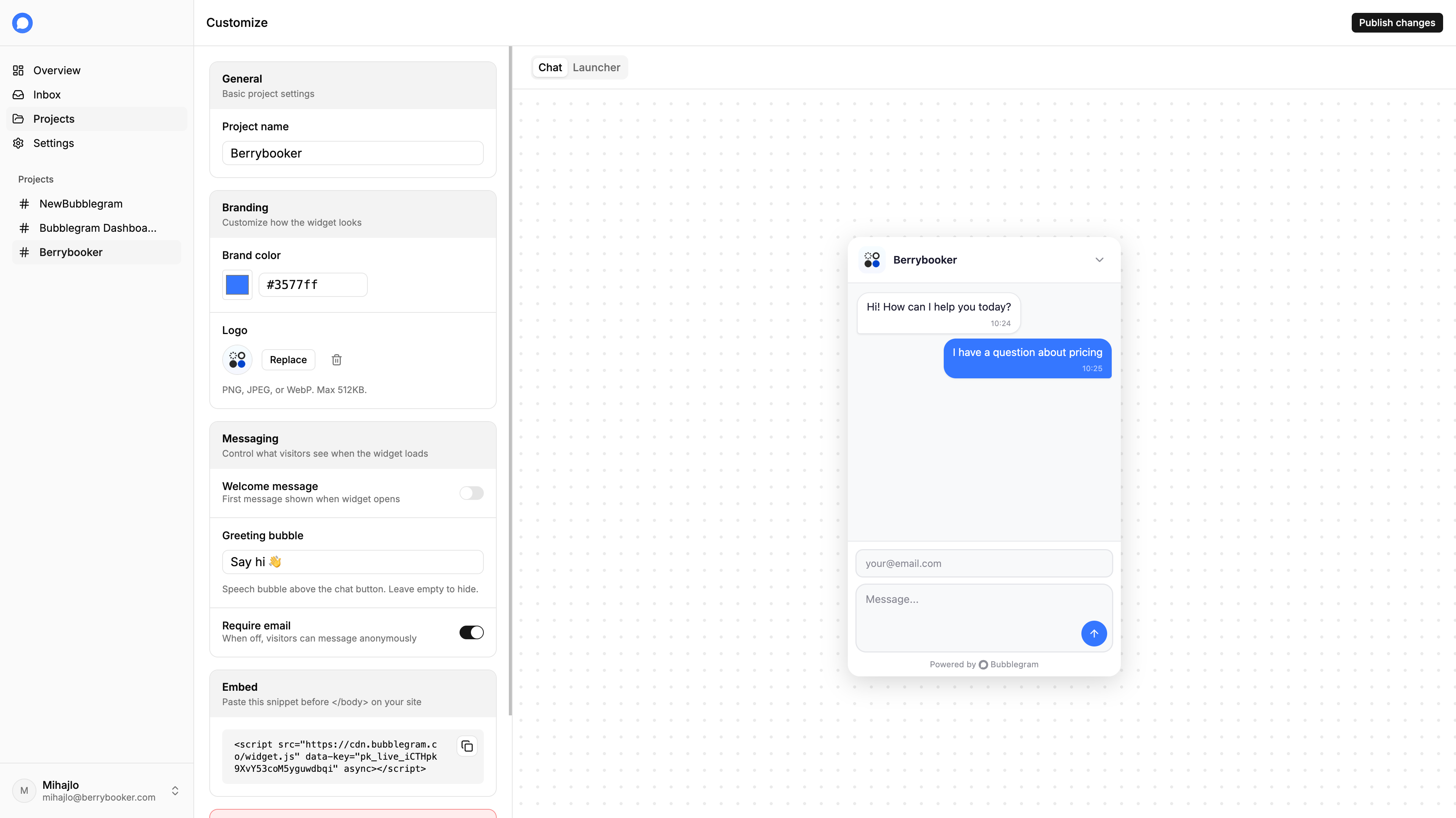 Project Builder showing widget customization options alongside a live preview