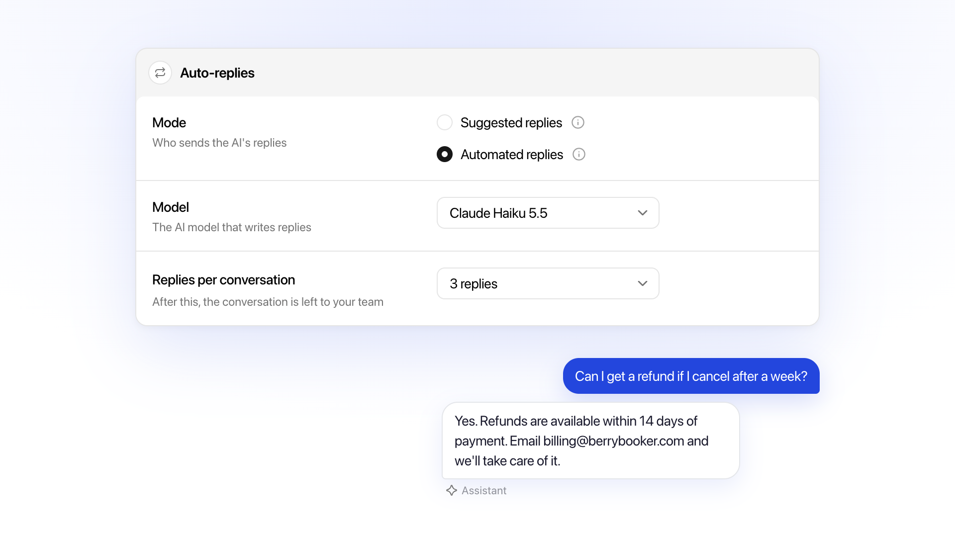 Auto-replies settings with automated replies on, and an automated answer to a refund question