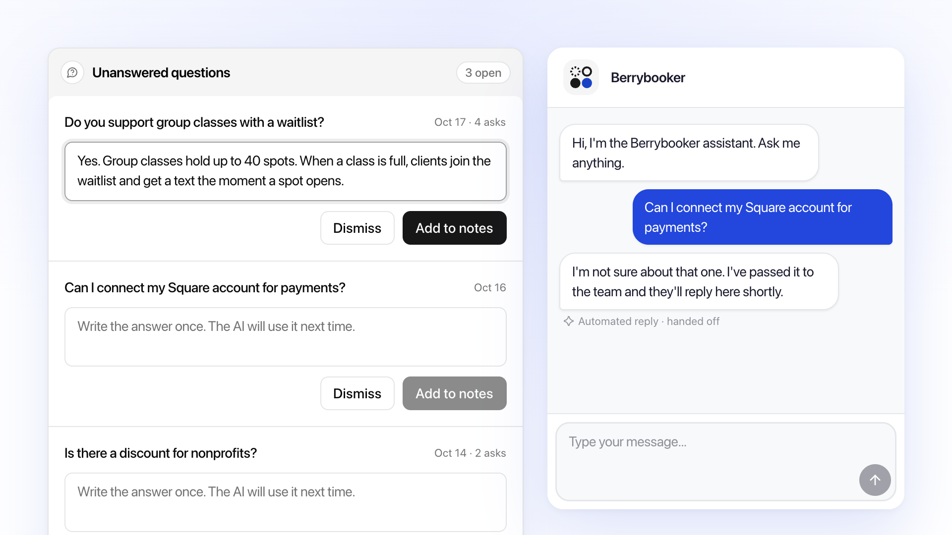Unanswered questions list next to a test chat with Assistant