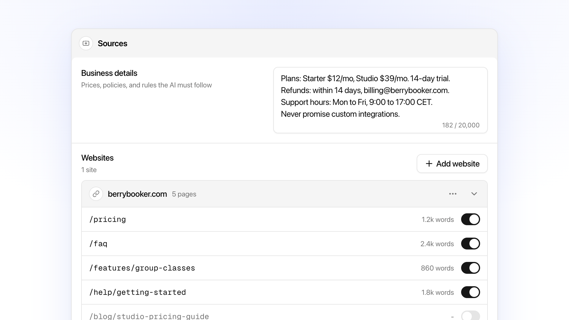 Sources tab with business details and website pages